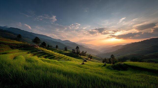 Lush rice terraces cascade down rolling hillsides at golden hour in Asia
