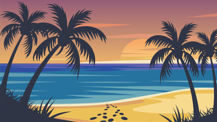 Sunset Beach Scene with Palm Trees and Ocean