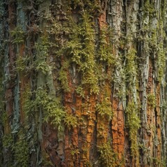 Ancient moss-covered tree trunk, weathered bark, lichen , trunk, rustic, wood