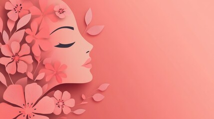 A paper-cut style illustration of a woman's profile surrounded by flowers and leaves on a blue background.