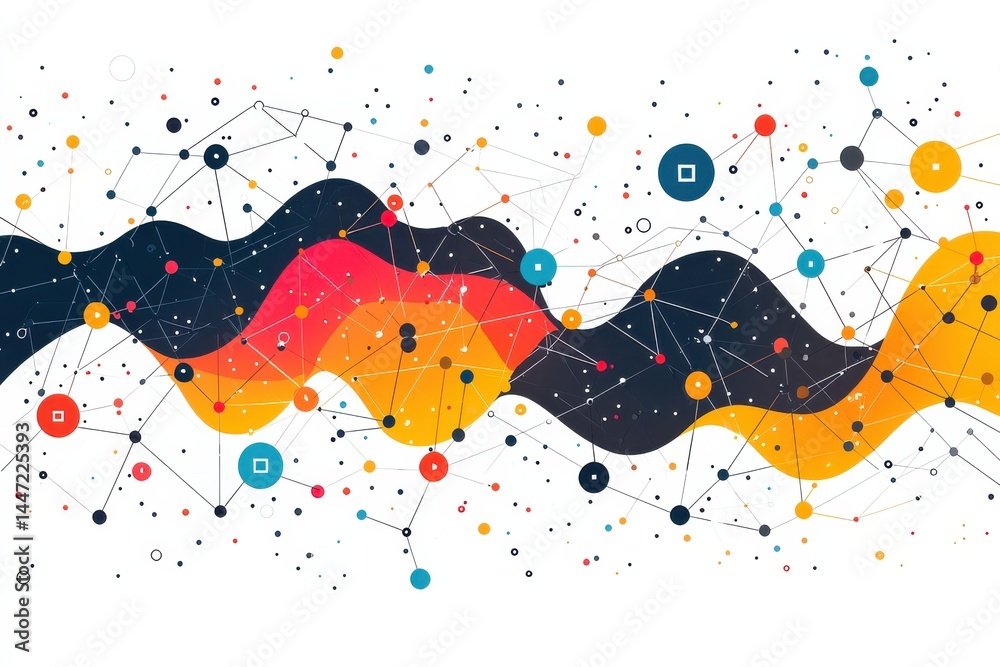 Poster abstract network background with colorful interconnected dots and flowing wave patterns