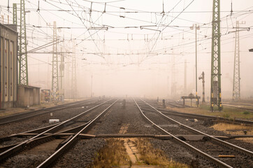Gyor, Hungary - November 10, 2024: Foggy Railway Hub in Western Hungary