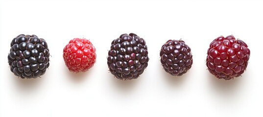 Five Ripe Berries in Red and Black on White Background