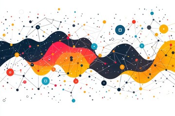Abstract network background with colorful interconnected dots and flowing wave patterns