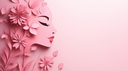 A paper-cut style illustration of a woman's profile surrounded by flowers and leaves on a blue background.