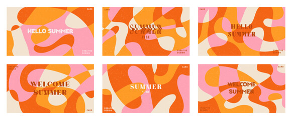 Summer bright illustrations set for poster, card, cover, label, banner in modern minimalist style with overlay effect. Modern and simple summer design templates. Vector stock graphic