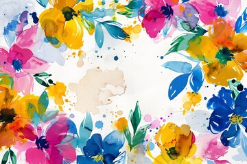 Whimsical abstract watercolor floral illustration with vibrant, loosely painted flowers in bold colors with place for text in center. AI generative