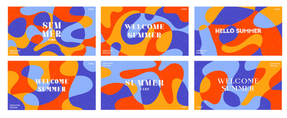 Summer bright illustrations set for poster, card, cover, label, banner in modern minimalist style with overlay effect. Modern and simple summer design templates. Vector stock graphic