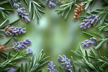 lavender border frame with fresh herbs on green background. Copy space.