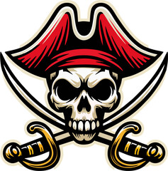 Colorful Pirate Skull Vector with Red Tricorn Hat and Crossed Swords – Vintage Emblem Design