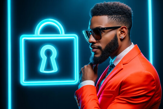 A man in a red suit and sunglasses standing in front of a neon padlock