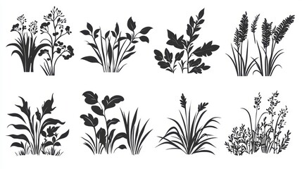 Collection of eight monochrome silhouettes of various grasses and wildflowers, isolated on white background.