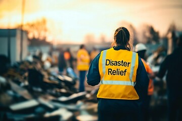 Volunteers Wearing Disaster Relief Vest on destroyed demolished background, Volunteers Giving Aid After Disaster in Damaged Area, War Aid Relief
