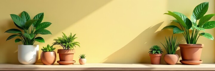Fototapeta premium Various potted houseplants arranged on a table by a bright wall , nature, room, bright