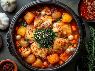 Korean chicken soup, samgyetang, stew made by twisting raw chicken legs and boiling them with ginseng and jujube.