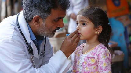 Naklejka premium Compassionate doctor examines young patient community clinic health care outdoor setting close-up view child well-being