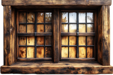 A wooden window frame, isolated on a transparent background