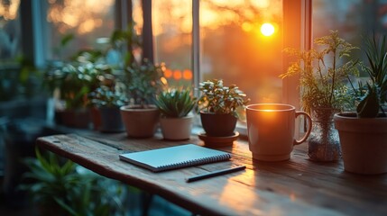 Cozy desktop with notebook, pencil, mug, houseplants near sunlit window, capturing warmth and serenity for work or relaxation on a transparent background, PNG image, PNG file.