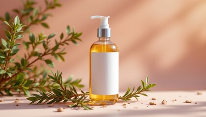 a bottle of oil placed on a surface, possibly a table or countertop, against a backdrop that includes some herbs and a soft focus on what appears to be a green plant