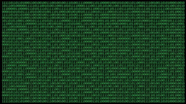 A vibrant green background filled with sequences of binary code conveys a sense of digital technology, data processing, and computer systems in a modern context.
