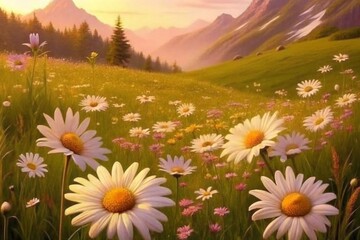 Painterly sunrise mountain meadow with vibrant wildflowers and golden light

