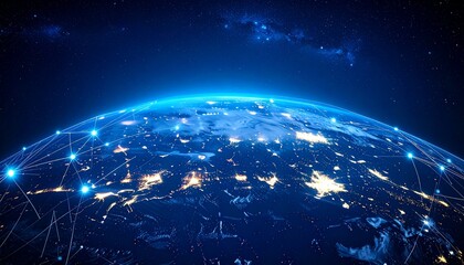 Fototapeta premium Earth seen from space at night network connections and milky way