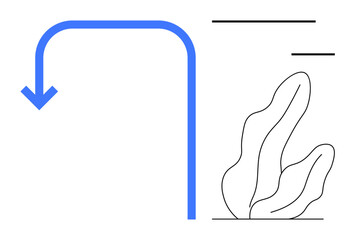 Blue curved arrow pointing down, abstract plant-thumbs up shapes, and clean geometric lines. Ideal for navigation, simplicity, eco-design, modern themes, flow concepts, guidance simple landing page