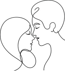Kissing couple drawn in continuous line art capturing the beauty of romance emotion and closeness with smooth flowing minimalist lines for expressive art