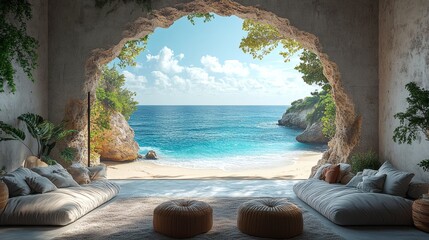 Serene living space overlooks a vibrant beach with azure water and coastal rock formations, creating a tranquil getaway vibe on a transparent background, PNG image, PNG file.