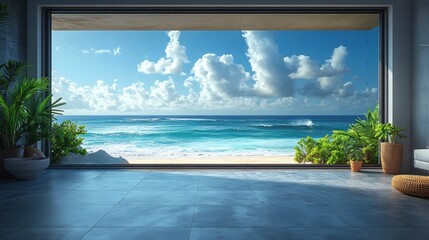 Spacious room interior looking out to ocean view, coastal vista through large window, turquoise sea, sandy beach on a transparent background, PNG image, PNG file.