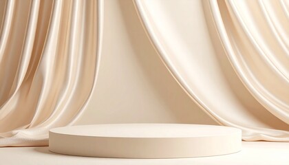 Round podium display with elegant cream colored fabric background presentation