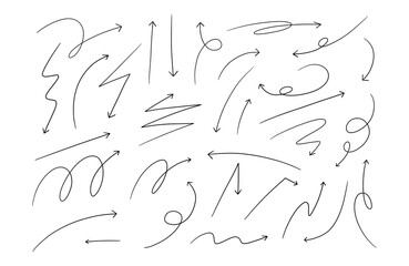 Hand Drawn Curved And Wavy Arrow. A flowing collection of 31 black hand drawn arrows in various curved wavy and looped styles including swirl, zigzag, spirals, and more. Perfect for dynamic expressive