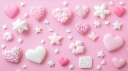 Fototapeta premium Abstract image of pink hearts with water droplets, against a blurred background.