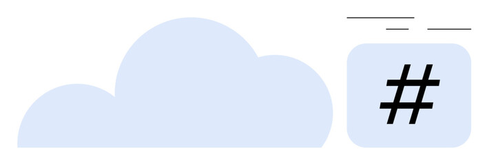 Blue cloud icon beside a bold metadata tag symbol with motion lines, symbolizing digital transformation, social media, data storage, and creativity. Ideal for technology, communication, innovation