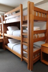 Hostel dorm room with a mix of single and double bunk beds - group shared communal