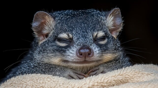 Acutely detailed portrait of a serene northern treeshrew against a dark backdrop showing subtle shades and patterns of fur texture and calming pose