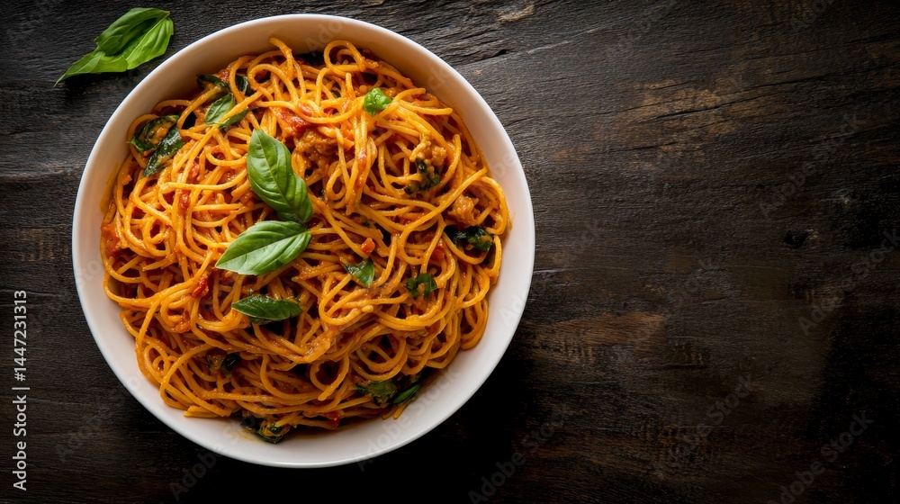 Poster bowls filled with cooked spaghetti create an inviting scene on a rustic wooden table, garnished with