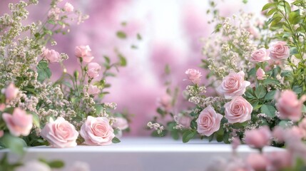 A pink podium surrounded by pink roses and white daisies, with a blurred floral background.