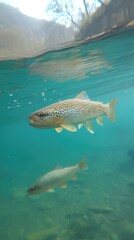 Naklejka premium Trout swimming in a clear river, a peaceful moment in nature's aquatic harmony