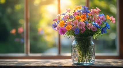 Colorful cosmos flower arrangement in vintage glass jar on wooden surface, sunlight streaming through window, vibrant floral display on a transparent background, PNG image, PNG file.