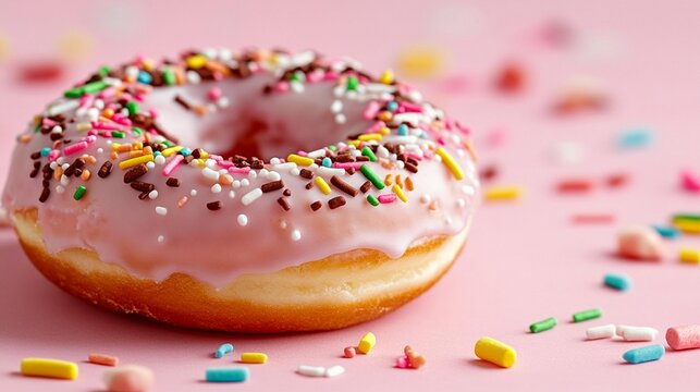 Pink glazed donut with sprinkles on pink background.