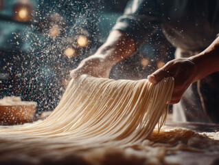 close-up of hands stretching ramen dough