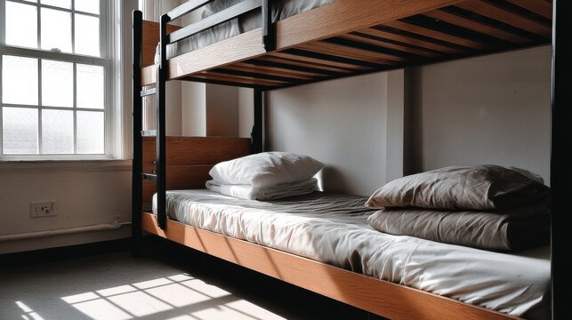 Neatly arranged single bunk beds in a clean hostel dorm room, sunlight streaming in - Serene Accommodation light Bunk Daylight