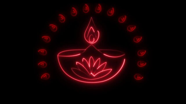 Neon glowing Outline diya icon with editable stroke. Linear golden Diya lamp with fire and lotus flower, Deepavali. Happy Diwali, Festival of the Lights in country.