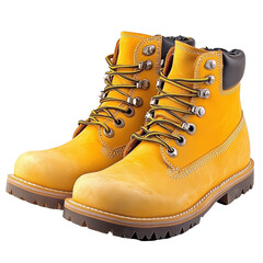 Yellow working boots designed for durability and comfort in various environments and conditions, Pair yellow working boots isolated on Transparent background