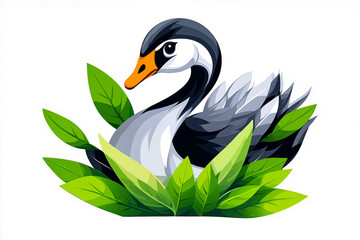 Obraz premium A black and white swan sitting on top of a lush green leafy field