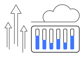 Cloud with bar chart and upward arrows representing data management, analytics, growth, technology, innovation. Ideal for business, technology, statistics, data visualization progress cloud
