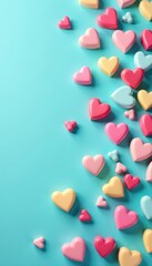 Fototapeta premium Pastel candy hearts scattered on turquoise background, blue background, celebration, cute