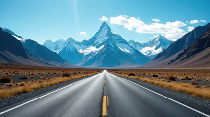 Naklejka premium Asphalt ribbon unwinding towards a majestic, snow-capped mountain range under a vibrant, cloud-strewn sky, promising adventure and scenic exploration