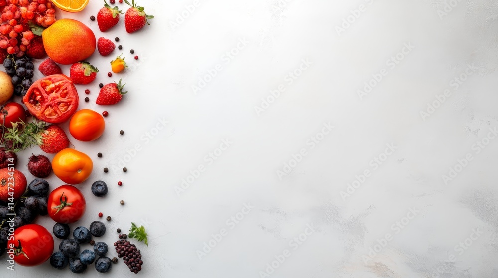 Poster a top-down view displays a vibrant arrangement of fruits and vegetables on a white surface, leaving 